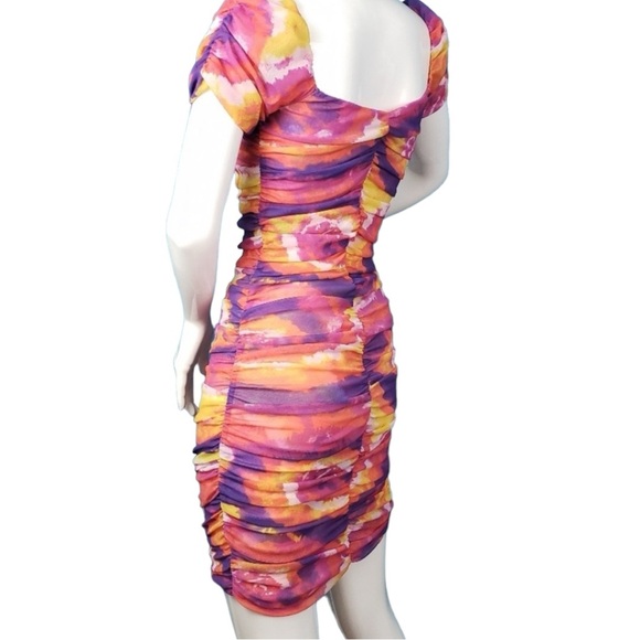 Urban Outfitters UO Tie Dye Rouched Mini Dress Puff Sleeves New Size S - Picture 8 of 15